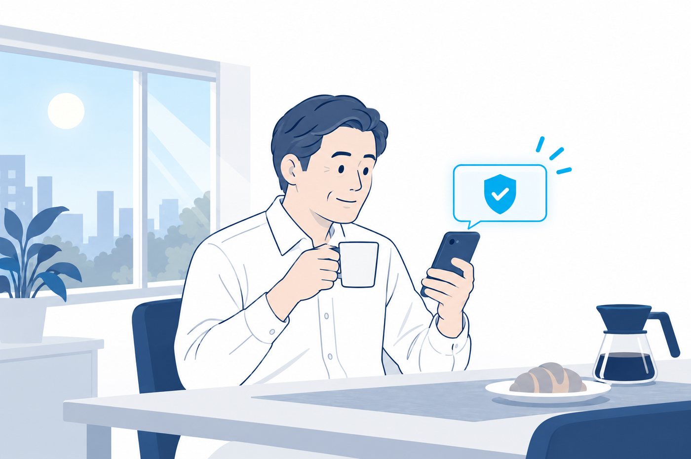 朝、出社前の社長がスマートフォンで夜のうちに届いた通知を確かめている様子